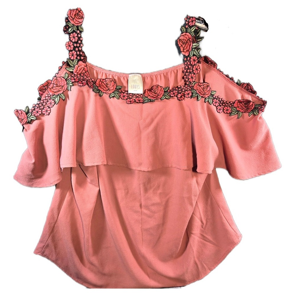 Shirt Women's Feminine Boho cold-shoulder floral embroidery Coral XL Sweet